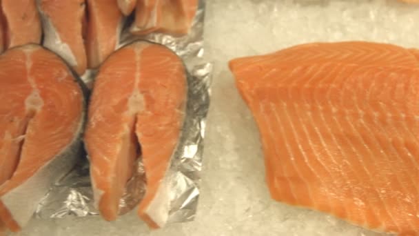 Filetes Salmón Filete Salmón Sartén Horizontal Izquierda Derecha Filetes Salmón — Vídeo de stock