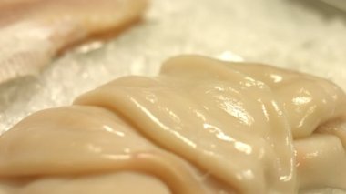 Kalamar, somon fileto biftek ve somon. Taze kalamar, somon biftek ve fileto ice.1 üzerinde yerleştirilir. Dikey (aşağıdan yukarıya) pan. 2. yatay (sağdan sola) pan.3. Dikey (aşağıdan yukarıya) pan.