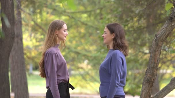 Lányok Parkban Lányok Közötti Kapcsolat Lányok Állnak Egymással Szemben Nézz — Stock videók