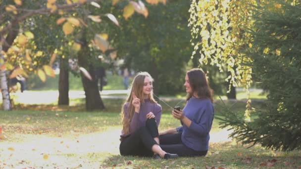 Meisjes Park Meisjes Zitten Het Gras Het Park Luisteren Naar — Stockvideo