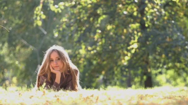 公園で女の子 柏木は草の上に横たわって そっとカメラに探しています 彼女は 彼女の笑顔はかわいいし 愛情のある夢を見る 背景には木が 肯定的な気分 — ストック動画