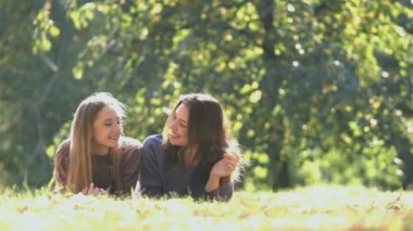 Kızlar Park. Kızlar kuru yaprakları ile oynamak. Kızlar çim birbirleriyle sohbet ve gülümseyerek. Rüzgar eser. Olumlu amotions. İki kız arasında dostluk.