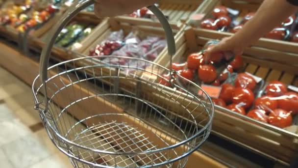 Vegetarian Basket Supermarket Man Goes Shop Rack Vegetables Puts Tomatoes — Stock Video