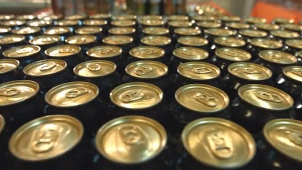 超市里的啤酒 商店里有许多啤酒罐在柜台上 — 图库视频影像
