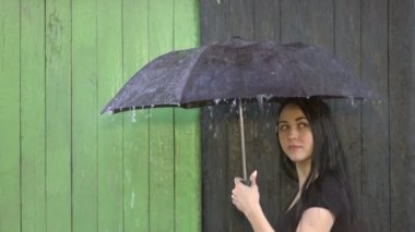 Şemsiyenin altında barınan kıza şiddetli yağmur yağıyor. Profilkız şemsiye altında, şiddetli yağmur yoğunlaşır ve ağır döker. Renkli arka planda siyah kız yanlara bakar.