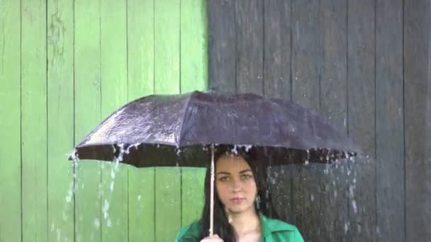Heavy Rain Pours Girl Sheltered Umbrella Girl Her Hair Laid — Stock Video