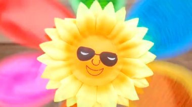 Ekolojik arka plandaki çocuklar için havalı fırıldak. Clouse yukarı. Çocuklar için oyuncak yel değirmeni rüzgar yardımıyla kendi ekseni etrafında döner. Gözlükte güneş görüntüsü ile fırıldak.