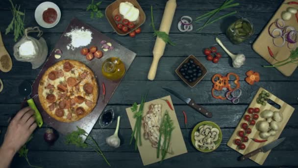 Super Meat Pizza Ecological Black Background Man Cuts Slice Meat — Stock Video