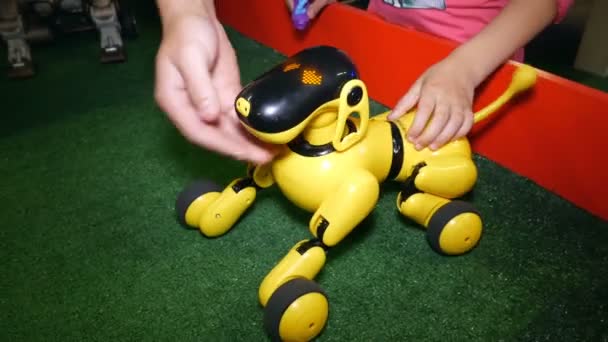 车里雅宾斯克 车里雅宾斯克地区 俄罗斯 2019 机器人狗与孩子的手 机器人像一只真正的宠物 孩子们抚摸着一只机器人狗 — 图库视频影像