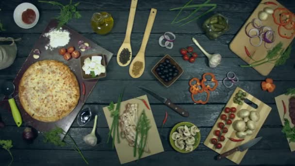 Cheese Pizza Ecological Black Background Cheese Pizza Eco Black Table — Stock Video