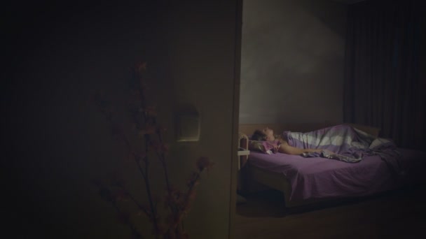 Sleeping Woman Restless Sleep Shots Woman Sleeps Sofa Room She — Stock Video