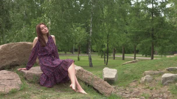 Retrato Una Chica Parque Cámara Lenta Linda Chica Vestido Lila — Vídeo de stock