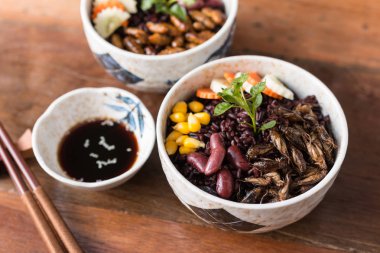 Böcek ve pirinç Berry - kriket böcek, Mısır, kırmızı fasulye, havuç, salatalık bir kasede pirinç Berry ile. Sağlıklı yemek yüksek protein diyet kavramı. Yakın çekim, seçici odak. 