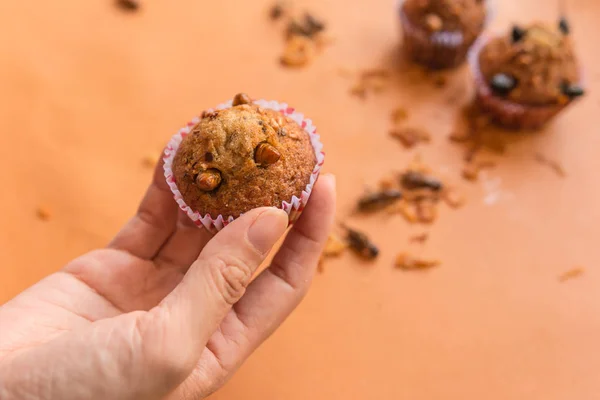Insect foods in banana cupcakes -  Hands holding a banana cupcake worm Insect on orange tablecloth background. Healthy meal high protein diet concept. Close-up, Selective focus.