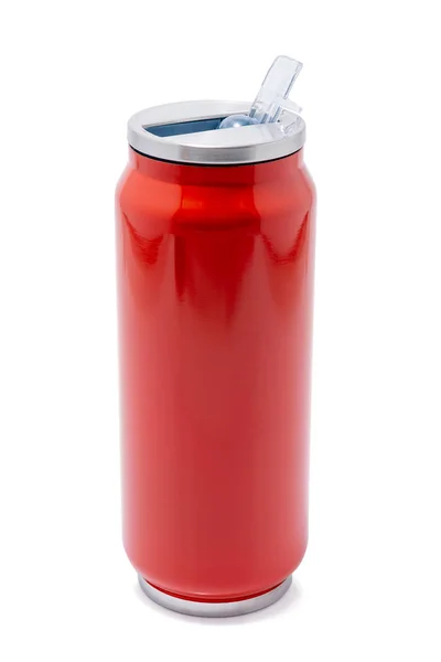 Garrafa térmica vermelha ou copo de viagem térmica de aço inoxidável — Fotografia de Stock