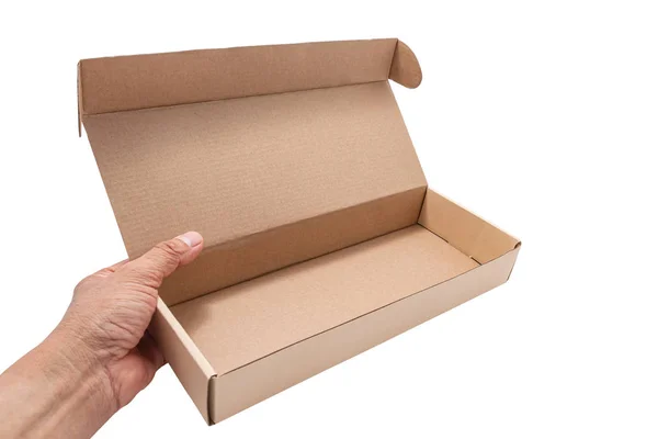 Caja de cartón de mano aislada sobre fondo blanco . — Foto de Stock