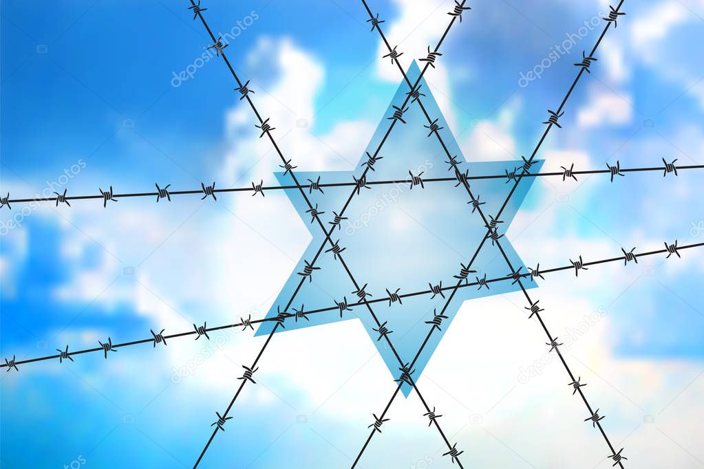 David star at blue sky - Orthodox sign as the interweaving of barbed wire. Concept for anti-Semitism, jewish memory day.Six-pointed Star of barbed wire symbol of the suffering of the Jewish people