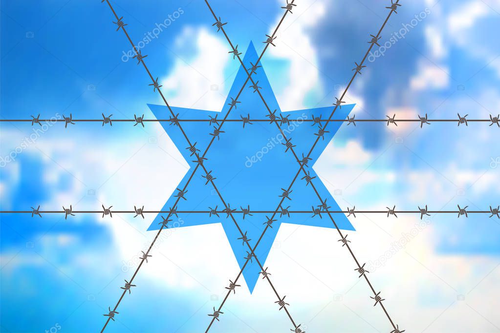 David star at blue sky - Orthodox sign as the interweaving of barbed wire. Concept for anti-Semitism, jewish memory day