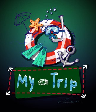 Yaz plaj tatil, okyanus seyahat, deniz gezisi. Yaz saati tatil için kartı. Vektör deniz yaz nesnelerin ile çizilmiş doodle ver. Robot resim karikatür çizimi. Şirin Yazdır, etiket, logo, etiket
