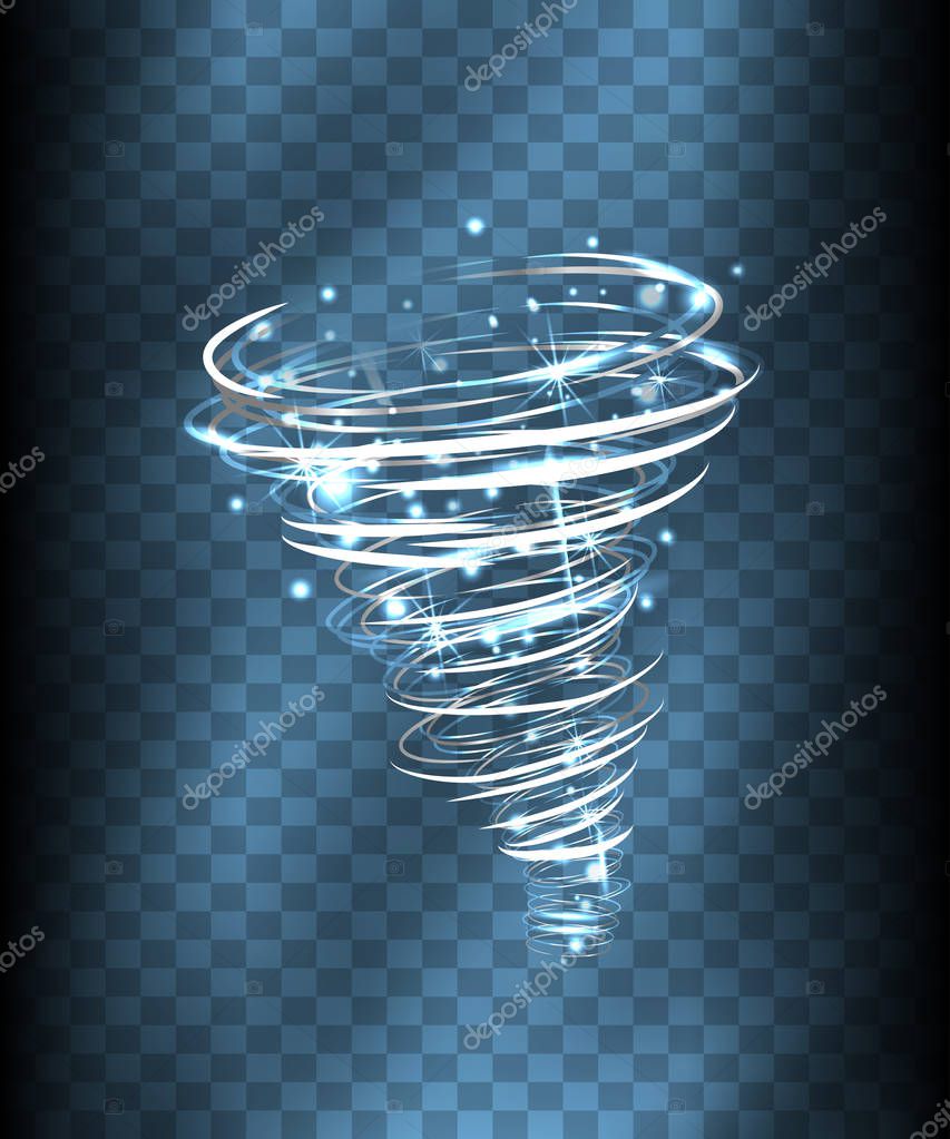 Hurricane Light effect. Vector Vortex tornado glowing, swirling storm cone of shining sparkles on transparent background. Glittering funnel, whirlwind flash, storm twist or blizzard funnel