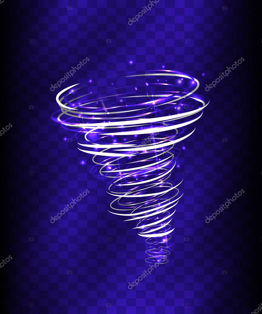 Hurricane Light effect. Vector Vortex tornado glowing, swirling storm cone of shining sparkles on transparent background. Glittering funnel, whirlwind flash, storm twist or blizzard funnel