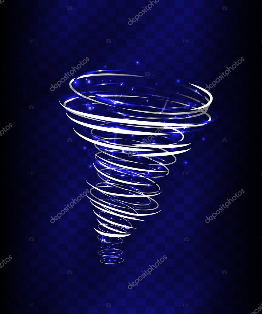 Hurricane Light effect. Vector Vortex tornado glowing, swirling storm cone of shining sparkles on transparent background. Glittering funnel, whirlwind flash, storm twist or blizzard funnel