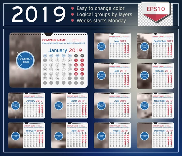 Calendario mensual de pared 2019 — Vector de stock