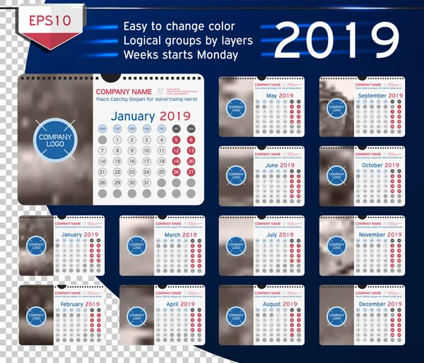 Calendario mensual de pared 2019 — Vector de stock