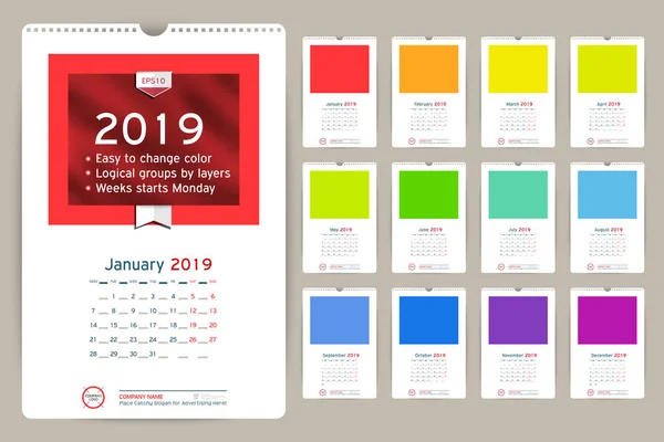 Calendario mensual de pared 2019 — Vector de stock