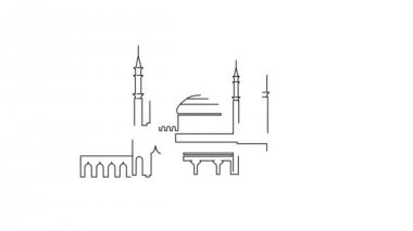 Minareli ve Hilalli Cami Silueti. İslami tatil için Lineart Animasyon grafik hareket, kutlama Mawlid için, Peygamber Muhammed doğum günü, Ramazan Kareem, Kurban Bayramı Mübarek
