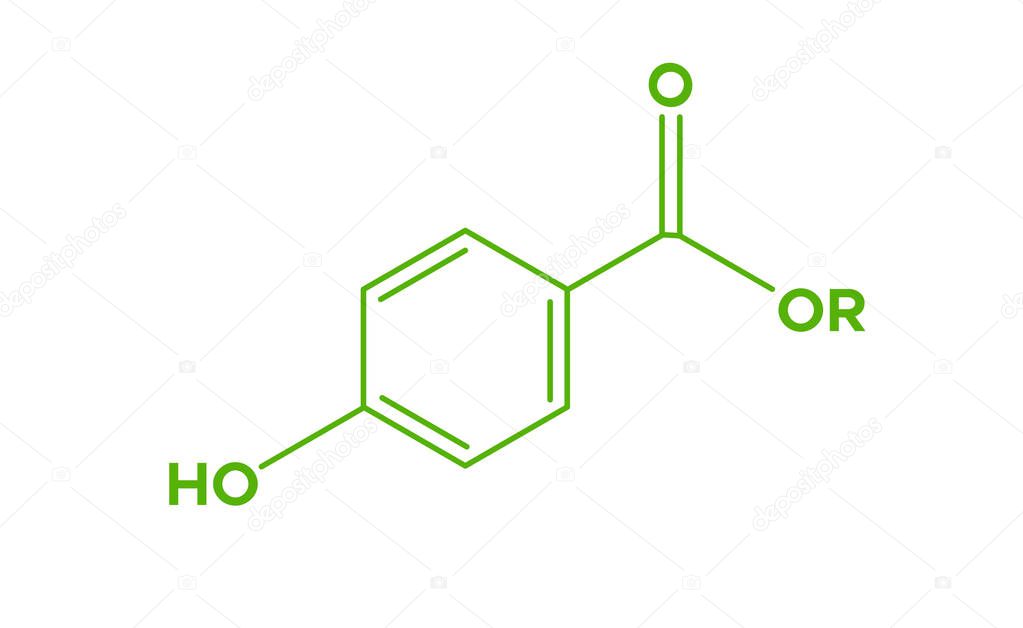 Paraben molecule vector skeletal chemical formula. Organic ingredient label, cosmetic bio sticker, eco herbal emblem. Health safe product with no paraben.
