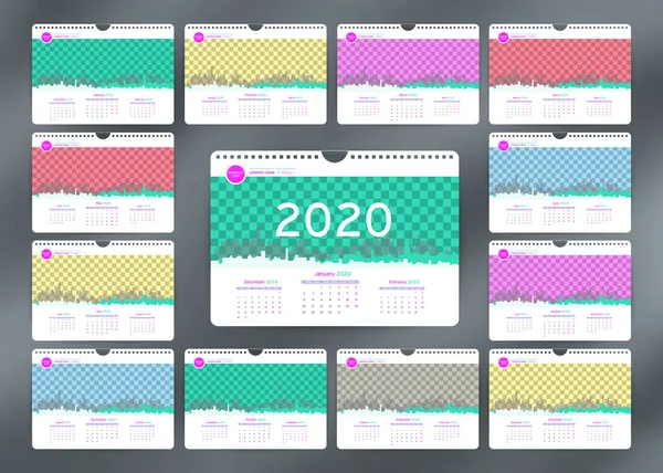 Muur maandelijkse kalender 2020 — Stockvector