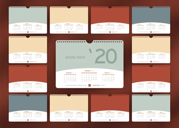 Calendario mensual de pared 2020 — Vector de stock