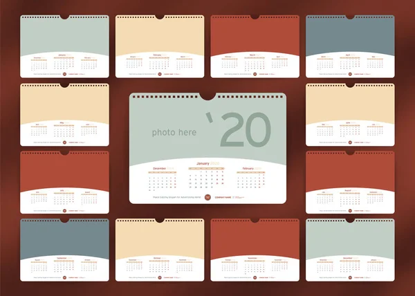 Calendrier mensuel mural 2020 — Image vectorielle