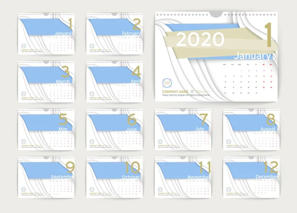 Mesa de parede calendário 2020 papel cortado —  Vetores de Stock