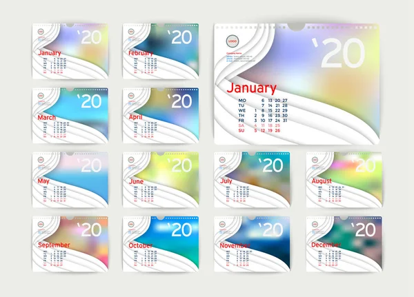 Bureau wandkalender 2020 papier knippen — Stockvector