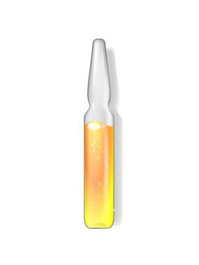 Sarı sıvı ilaç çözeltisiyle şeffaf tıbbi ampule. Viyal deri altı enjeksiyonu. Hastanede tedavi ve önleme hastalıkları. Aşı, ilaç, vitamin, kozmetik yağ şişesi.