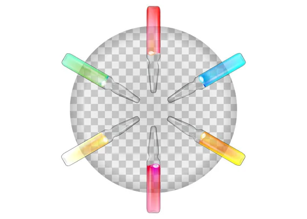 一套透明的带彩色液体药物的医疗护身符 — 图库矢量图片