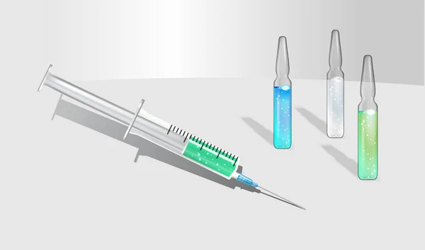 Одноразовый стерильный пластмассовый медицинский шприц с иглой и ампулами. Концепция вакцинации, подкожная инъекция, бутылки для вакцины, препарат, витамин — стоковый вектор