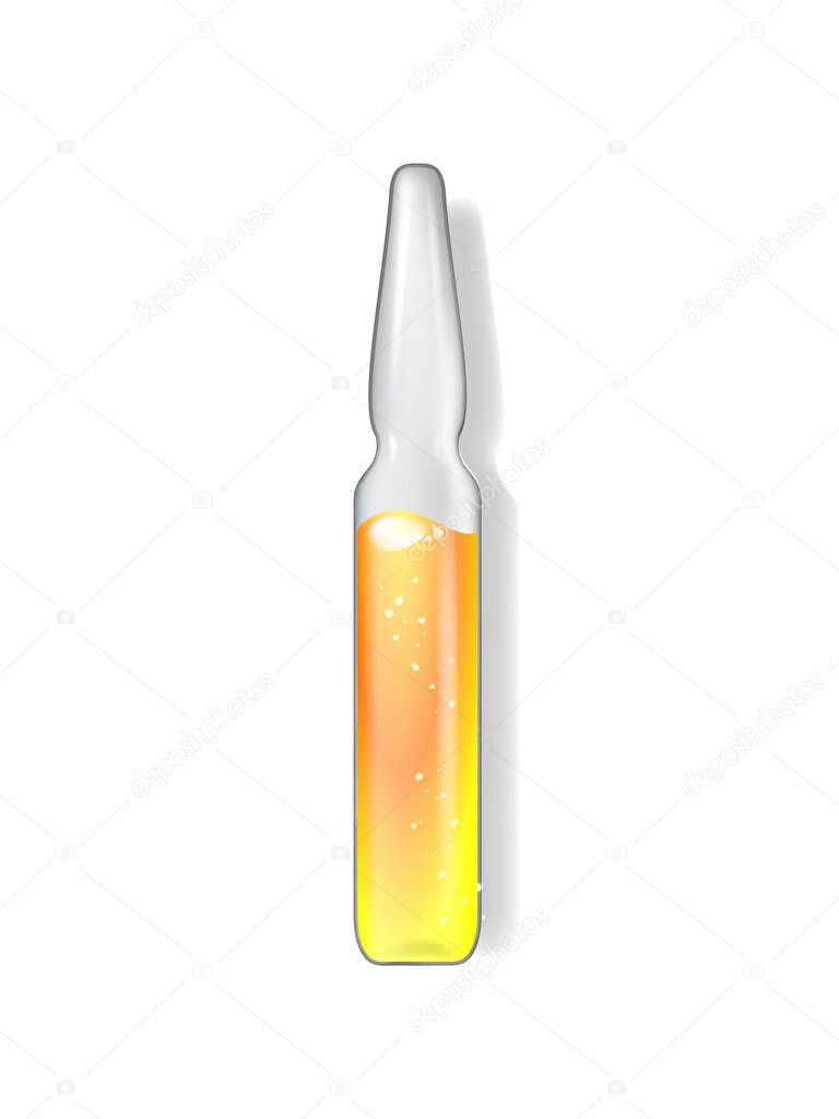 Transparent Medical Ampoule with Yellow liquid drug solution.Vial hypodermic injection.Treatment disease care in hospital and prevention illness.Glass bottle for vaccine, drug, vitamin, cosmetic oil