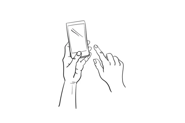 Mãos segurando gadget, dedo touchs tela para mensagem digital interativa. Dispositivo pda vazio em desenho vetorial de contorno de braço. O esboço do gesto da mão é a comunicação do telefone móvel do símbolo, app esperto moderno — Vetor de Stock