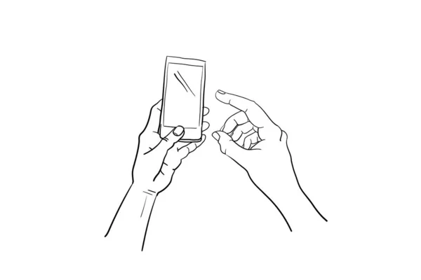 Mãos segurando gadget, dedo touchs tela para mensagem digital interativa. Dispositivo pda vazio em desenho vetorial de contorno de braço. O esboço do gesto da mão é a comunicação do telefone móvel do símbolo, app esperto moderno — Vetor de Stock