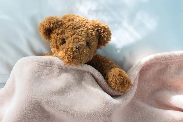 Urso Peluche Bonito Dormindo Cama — Fotografia de Stock