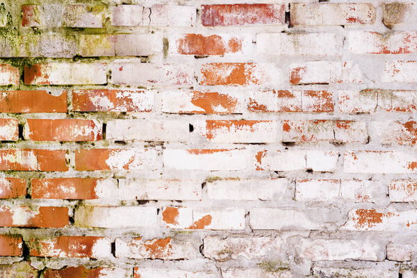 Old vintage red brick wall with cement seams texture background