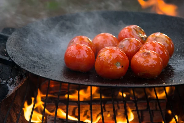 Grilled Roasted Tomatoed Hot Frying Pan Open Fire — Stock Photo, Image