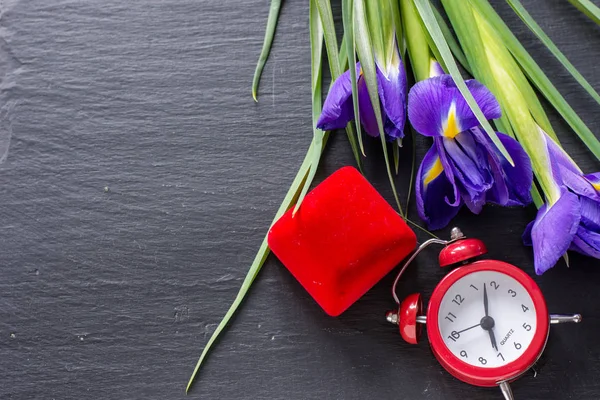 Nádherné Fialové Iris Květina Přírodní Kámen Tmavé Pozadí Angažovanosti — Stock fotografie