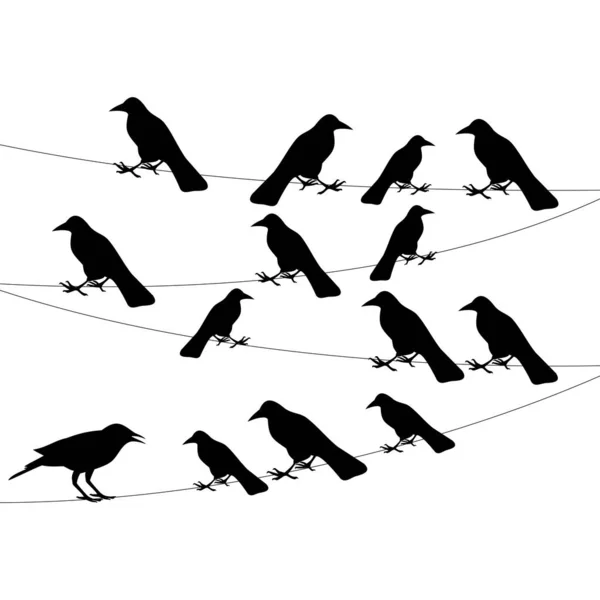 Bandada Los Cuervos Sobre Alambre Ilustración Vectorial — Vector de stock