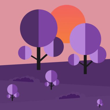 Orman akşamı gün batımı, vektör illüstrasyonu