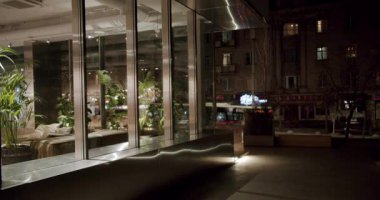 Modern Boutique Storefront at Night. Plants and interior visible through large windows. City traffic and buildings in the background. Stylish and inviting atmosphere.