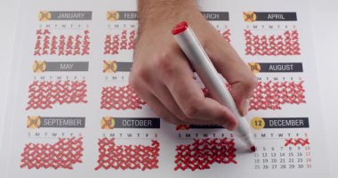 Close-up of a hand using a red pen to cross out days on a calendar, highlighting December 12th. Hand Marking Days on Calendar with Pen in December, Counting Down to Event
